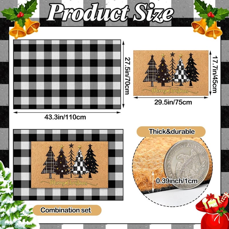 Fourluoo 2 Pcs Christmas Front Porch Rug Buffalo Plaid Christmas Door Mat Imitation Coco Coir Black White Xmas Tree Welcome Layering Rug for Outdoor Winter Home Festival Holiday Decor, 28 x 43 Inch - Image 2